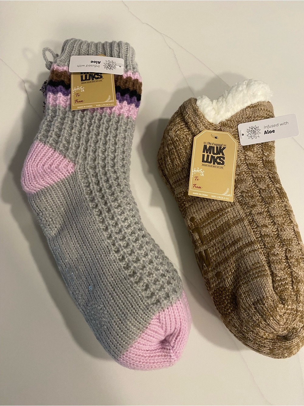 2 pair of Muk Luks Cozy Knit Slipper Socks - Gray, Pink and Brown